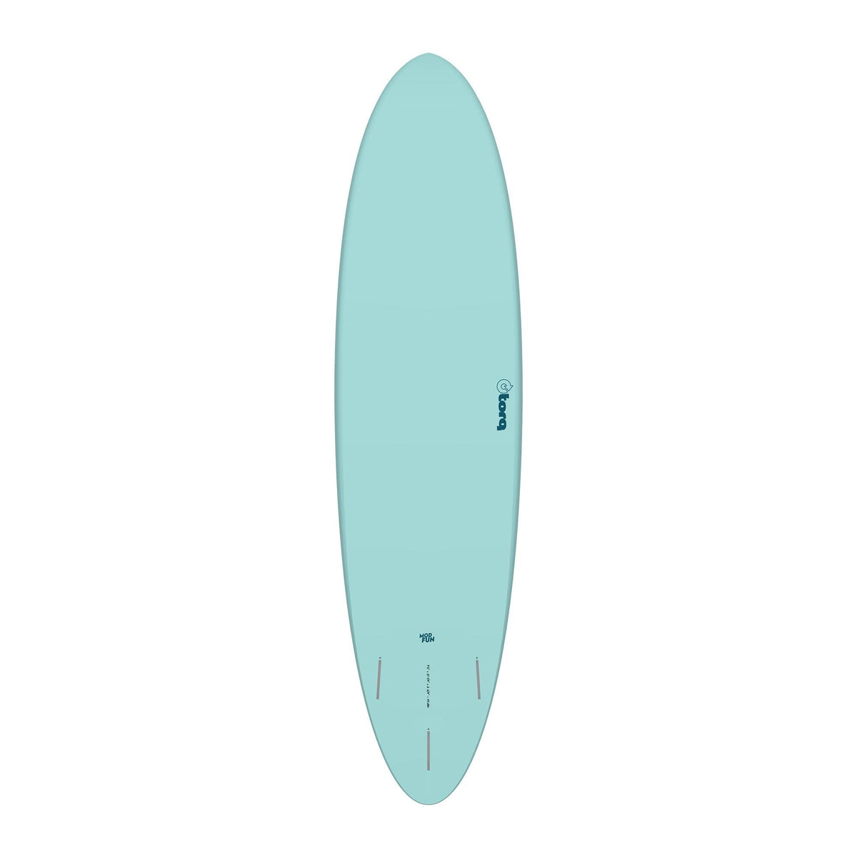 Torq TET MOD Fun Surfboard in Hellblau, Draufsicht auf das längliche Deck mit abgerundeter Form