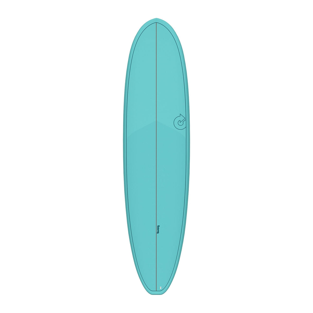 Torq TET V+ MOD Fun Surfboard in Türkis, Draufsicht auf das komplette Board mit Finnen-Setup