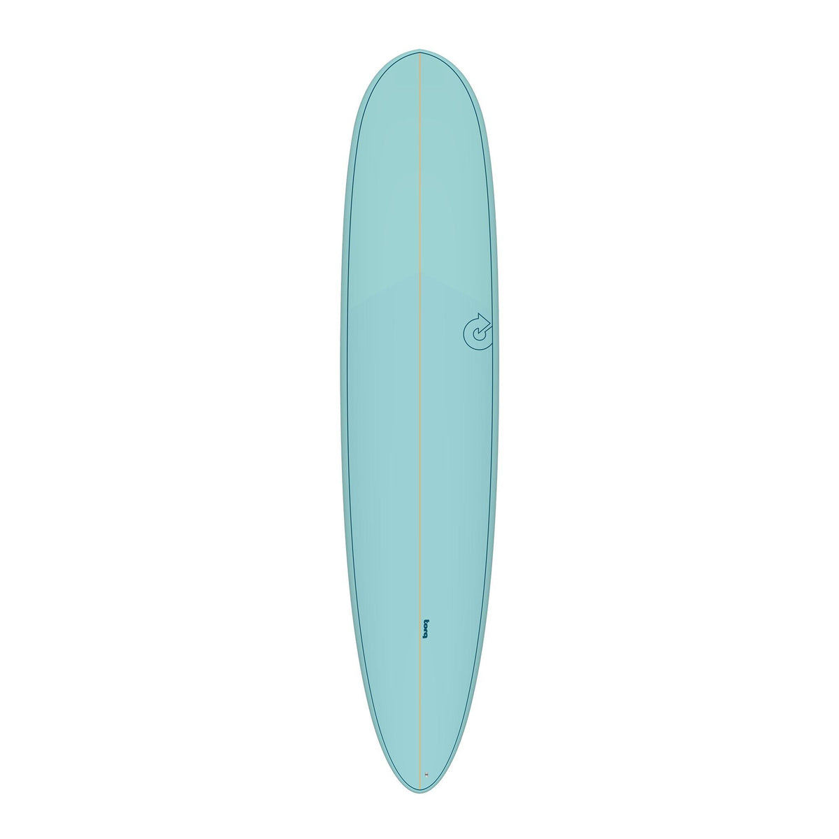 TORQ TET 24/7 Longboard Surfboard in Hellblau, Draufsicht auf das komplette Board mit Centerline und TORQ-Logo