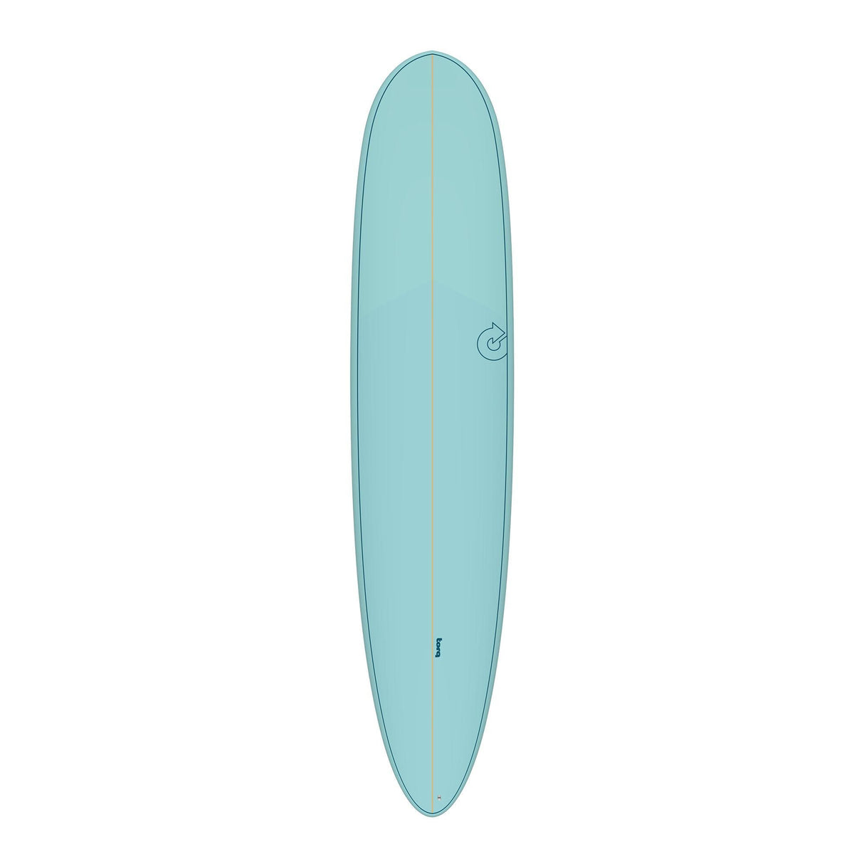 TORQ TET 24/7 Longboard Surfboard in Hellblau, Draufsicht auf das komplette Board mit Centerline und TORQ-Logo