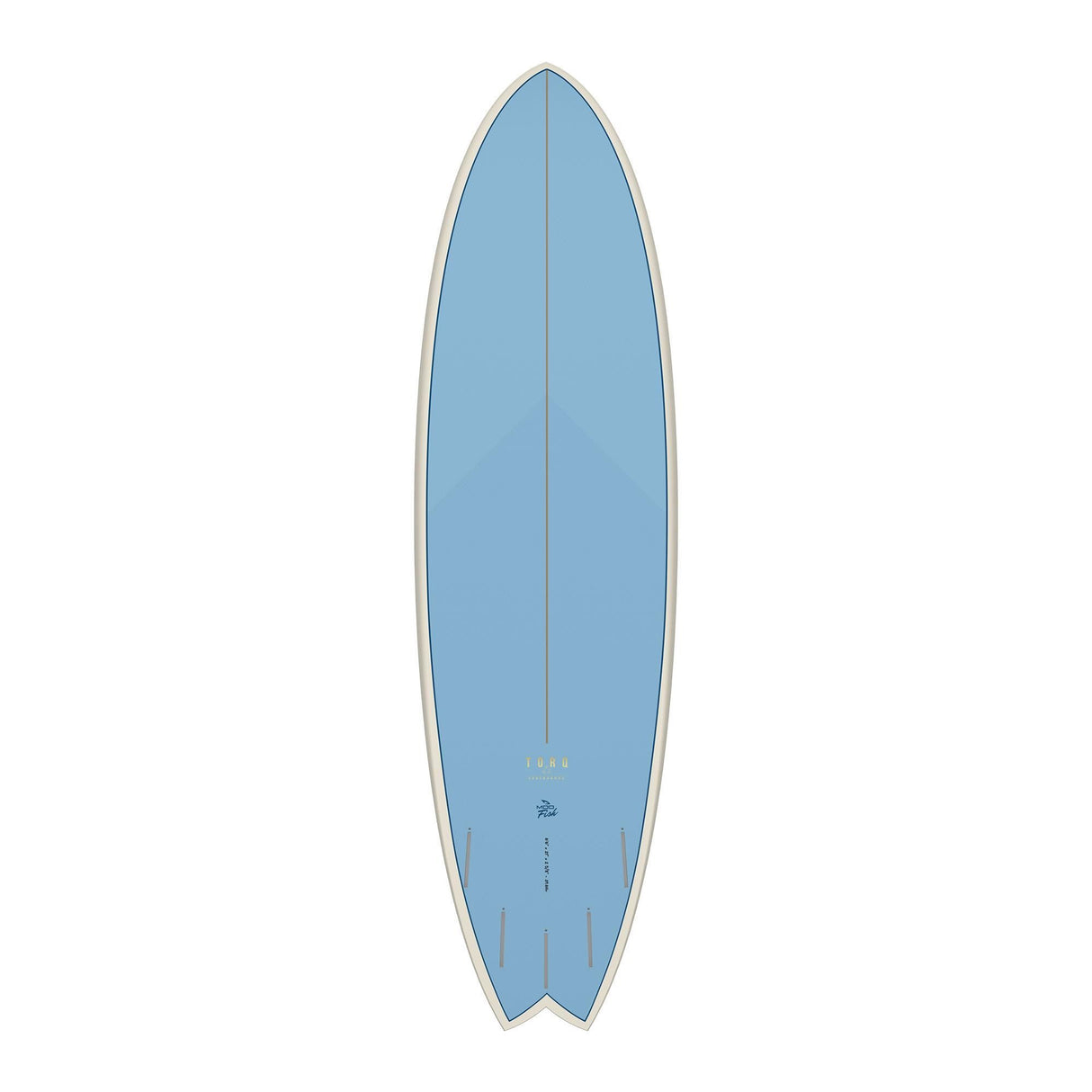 Torq TET MOD Fun & Fish Surfboard, blau, von oben, mit weißer Kante und Fischform-Tail