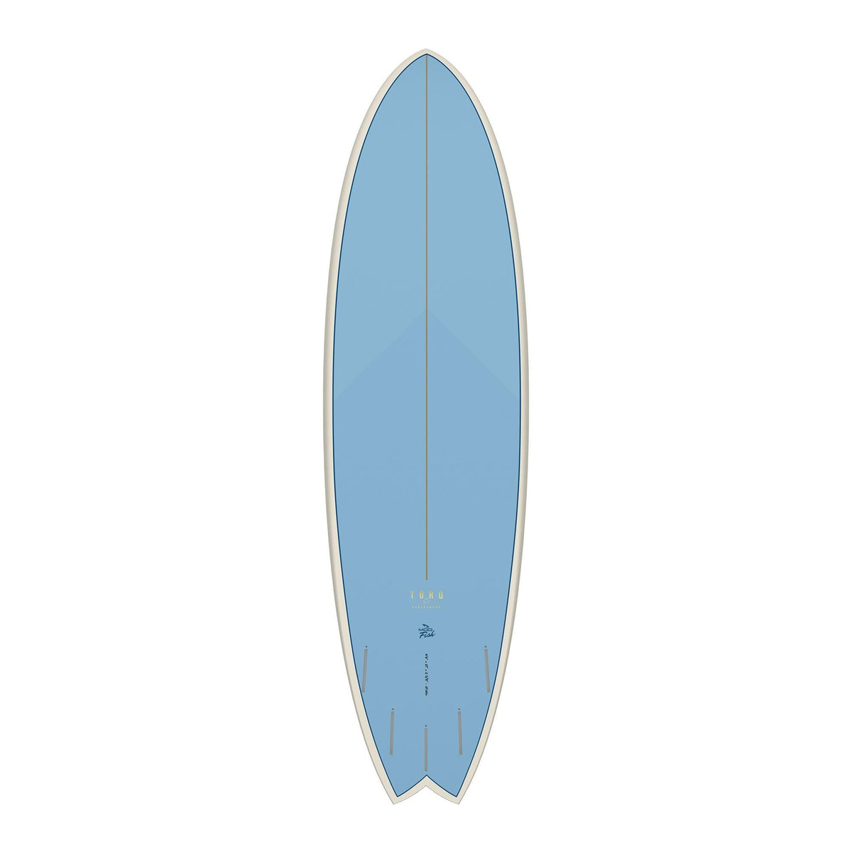 Torq TET MOD Fun & Fish Surfboard, blau, von oben, mit weißer Kante und Fischform-Tail