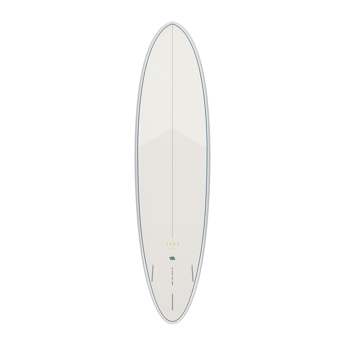 Torq TET MOD Fun & Fish Surfboard, weiß mit grauem Rail, Draufsicht auf helles Kunstharz-Deck