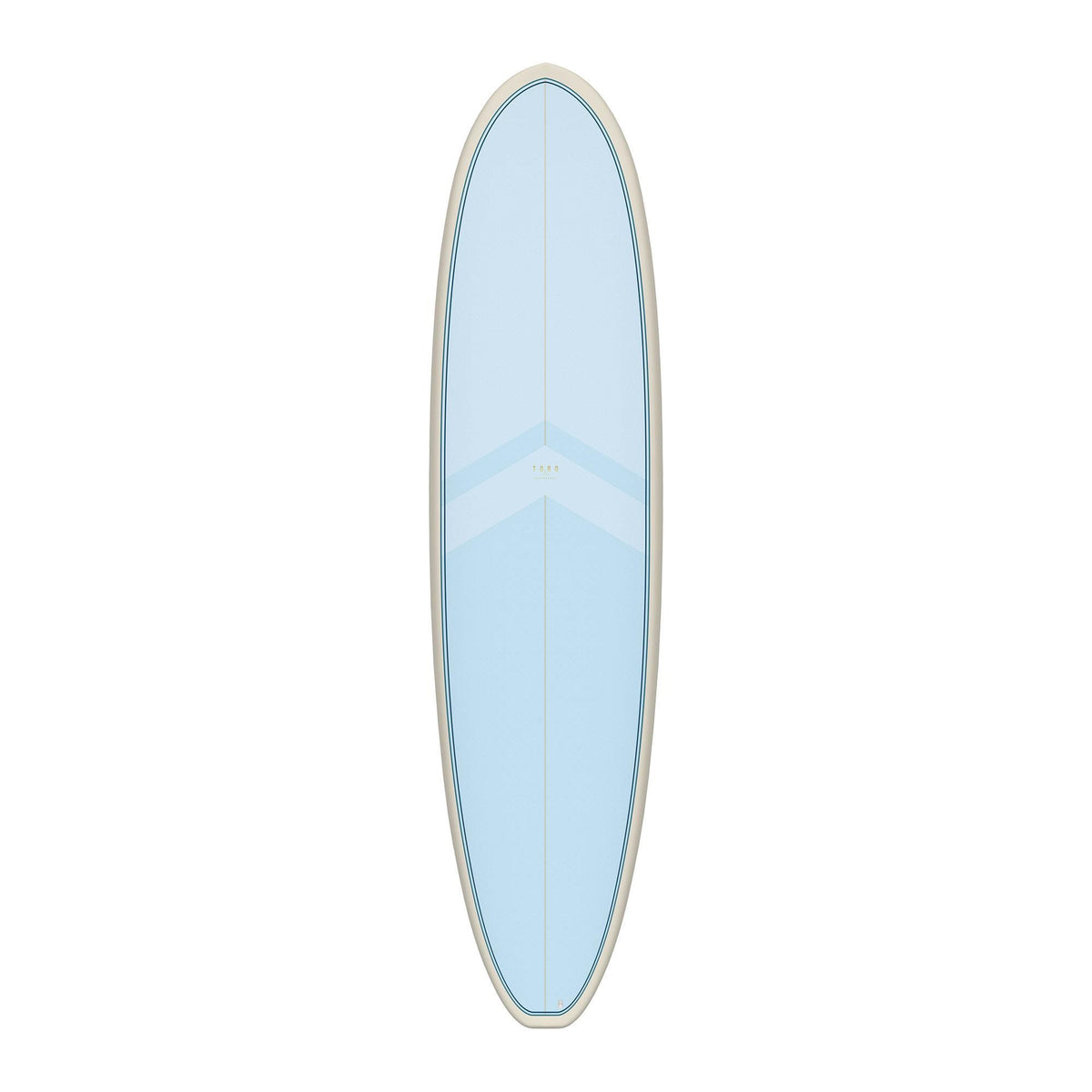 Torq TET V+ MOD Fun Surfboard in Hellblau, Draufsicht, längliches Deck mit geradem Zentrum-Stripe und breiter Outline