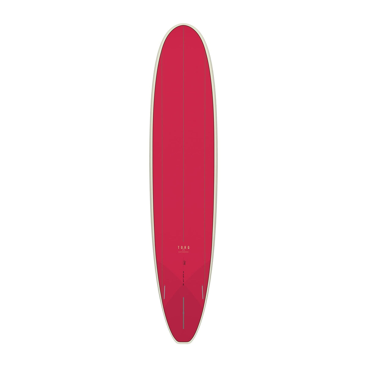 Torq TET Longboard in Rot, Draufsicht auf das rote Surfboard mit weißen Kanten und Oberflächen-Details