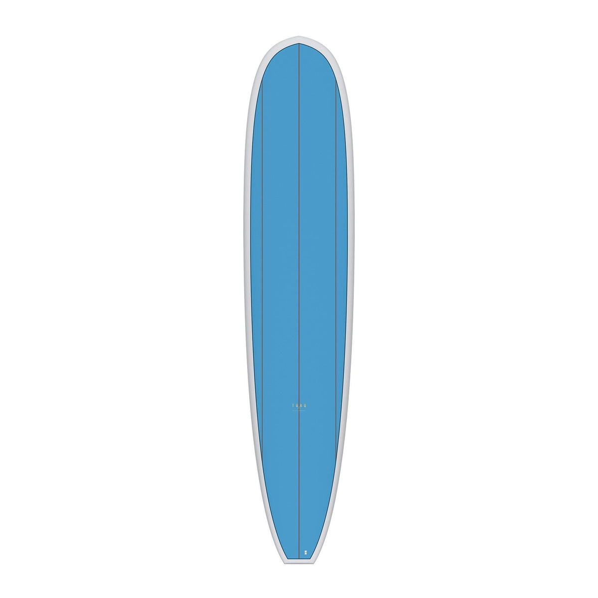 Torq TET Longboard in Blau, Seitenansicht des schlanken Surfboards mit gebogener Form
