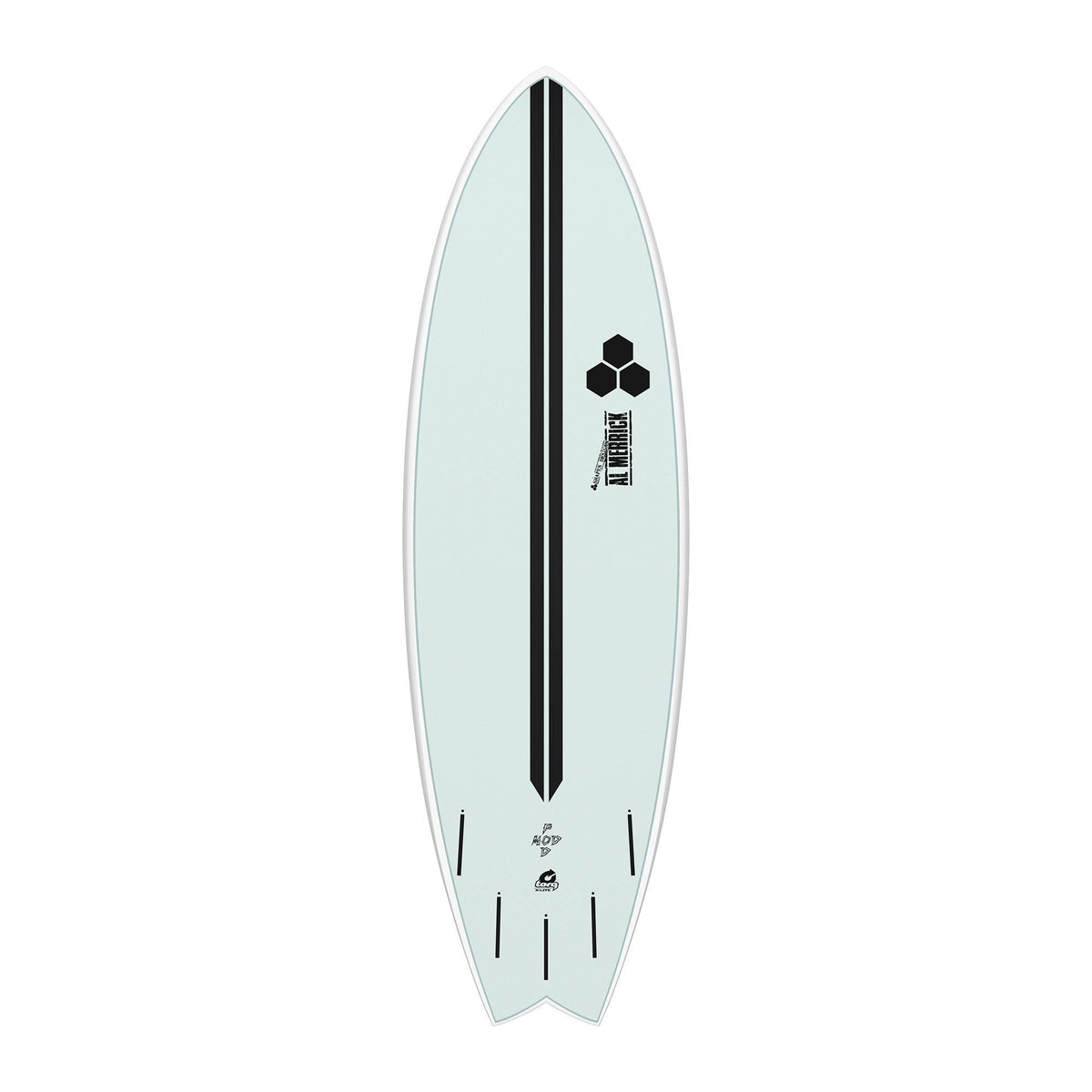 Channel Islands X-lite PodMod Surfboard weiß mit schwarzem Mittelstreifen, Draufsicht