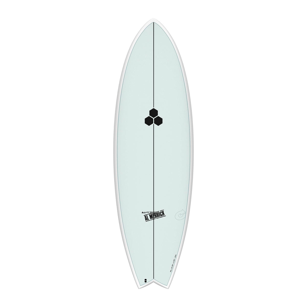 Channel Islands X-lite PodMod Surfboard, hellblau, Draufsicht auf weißem Hintergrund