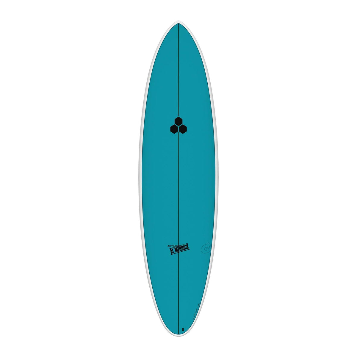 Channel Islands X-lite M23 Surfboard in Türkis, Draufsicht, mit schwarzem Kleeblatt-Logo