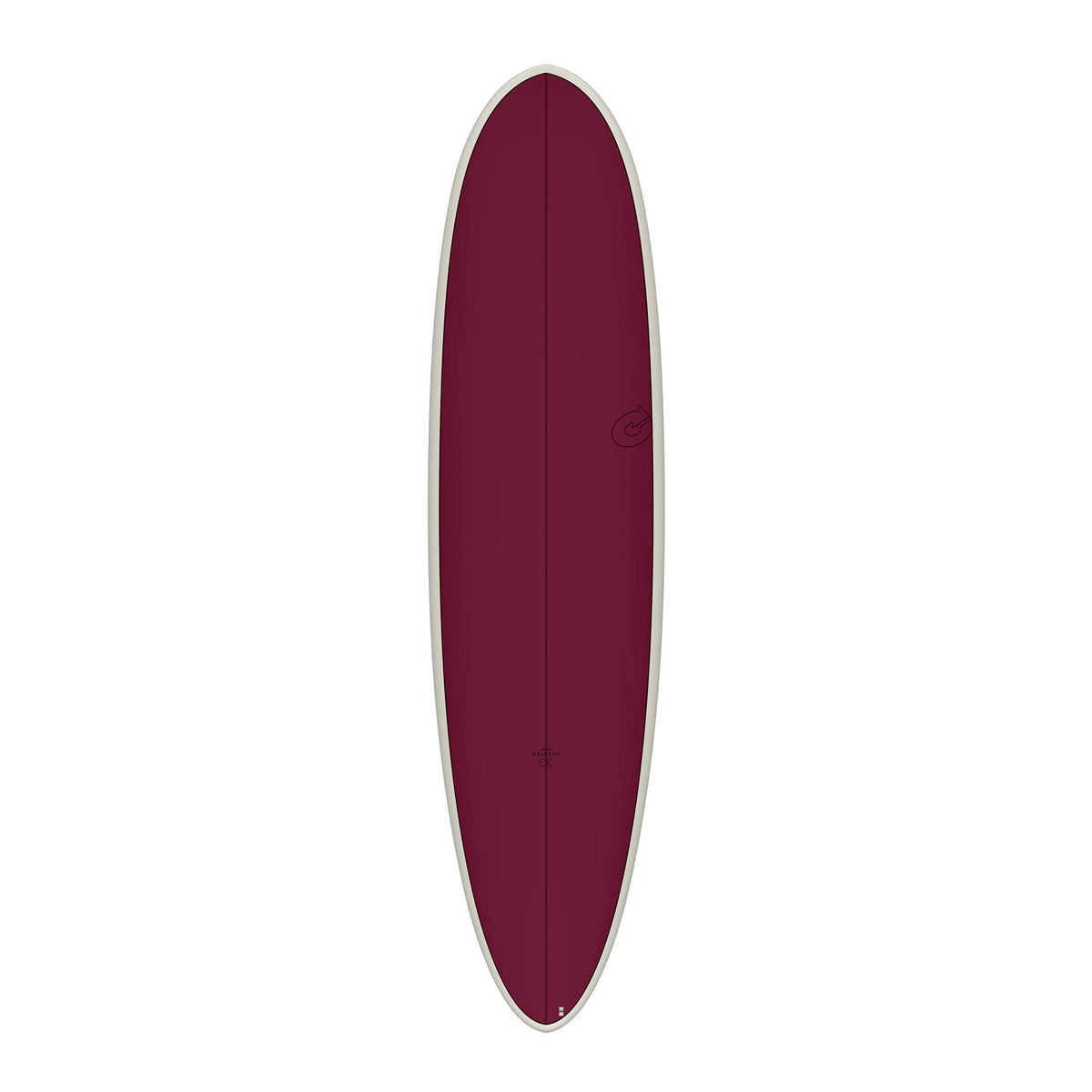 Torq TET Delpero MPW Surfboard in Burgundy, ovale Form mit weißem Rail, Draufsicht