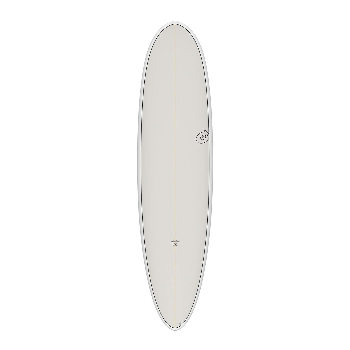 Torq TET Delpero MPW Surfboard in Weiß, Aufsicht, längliches Deck mit Centerline und Logo-Details