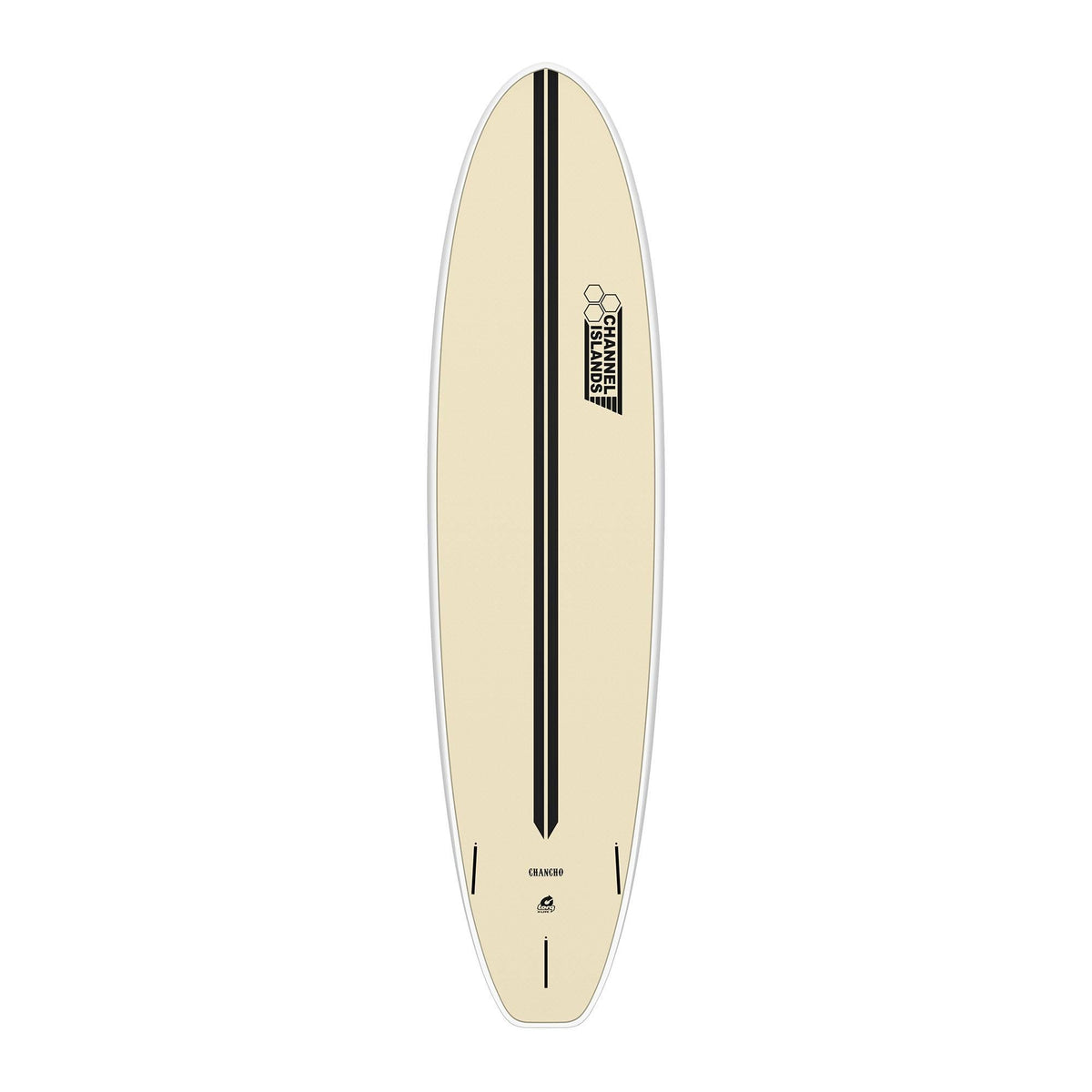 Channel Islands X-lite Chancho Surfboard, Creme mit schwarzem Mittelsteg, Draufsicht