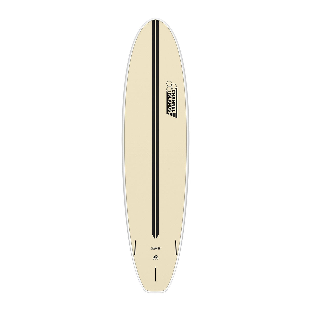 Channel Islands X-lite Chancho Surfboard, Creme mit schwarzem Streifen, Draufsicht