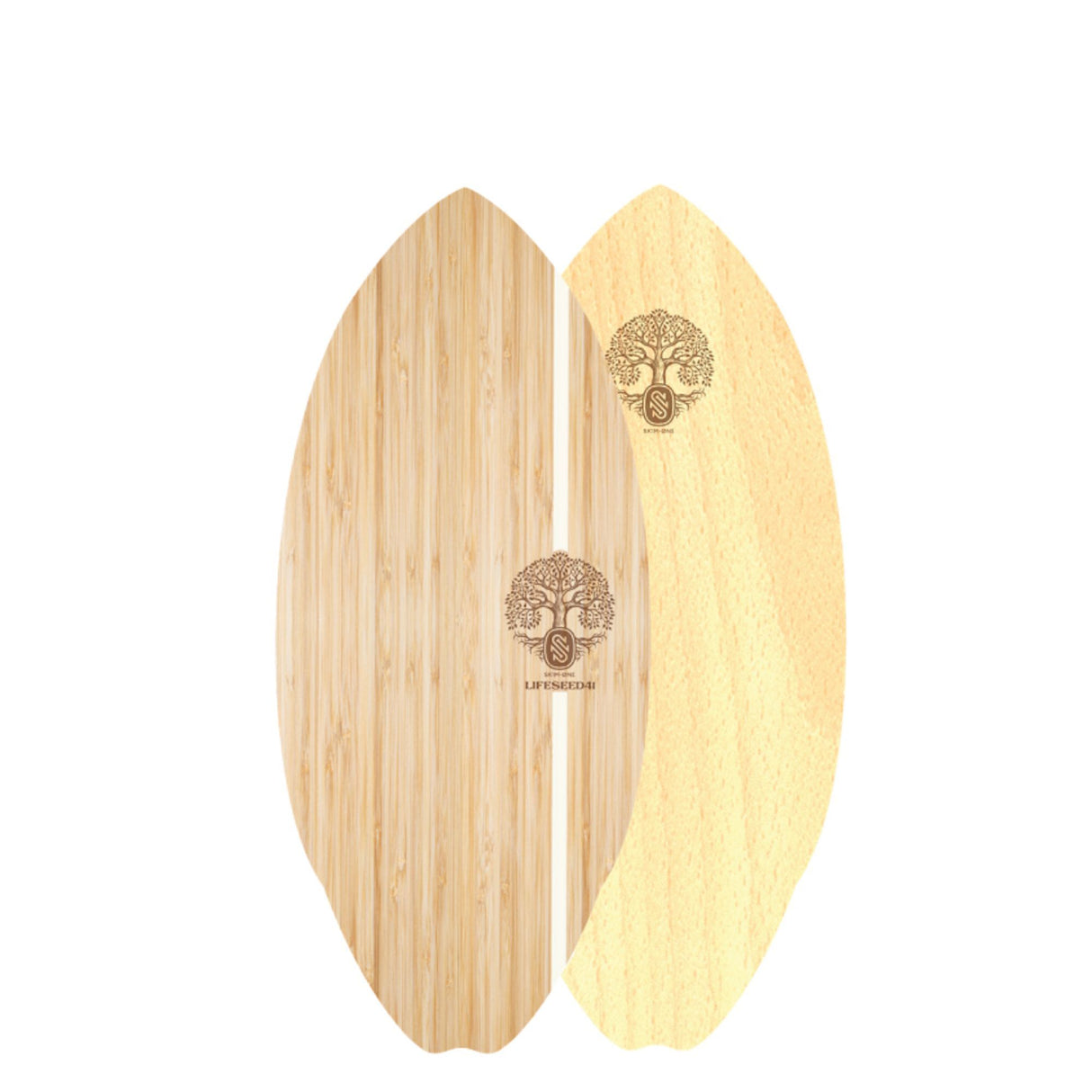 Skimboard SkimOne Fiberwood Lifeseed, Holzoberfläche mit Lebensbaum-Logo, Draufsicht auf Ober- und Unterseite