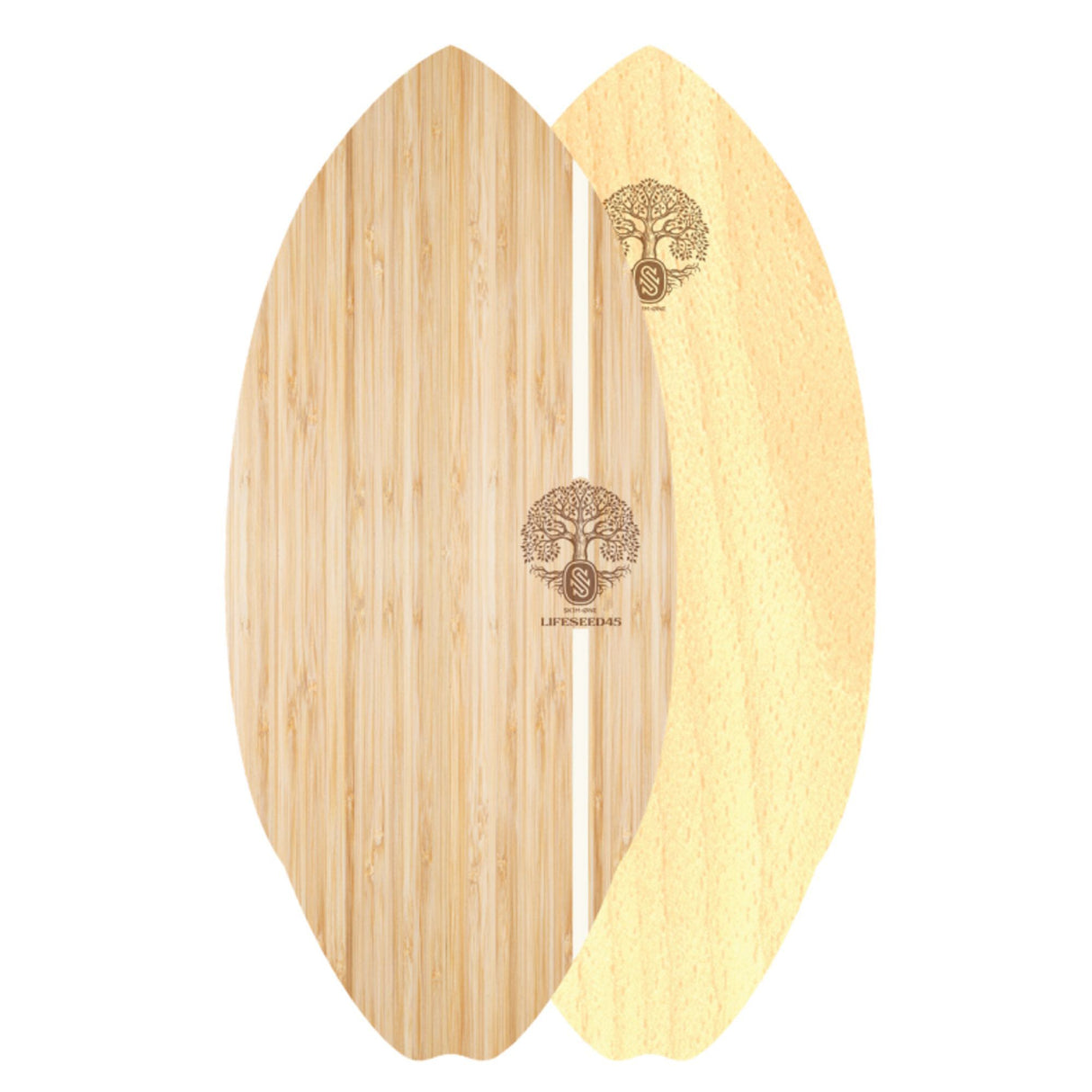 SkimOne Fiberwood Skimboard Lifeseed in Natur mit Holzstruktur, Draufsicht beider Seiten