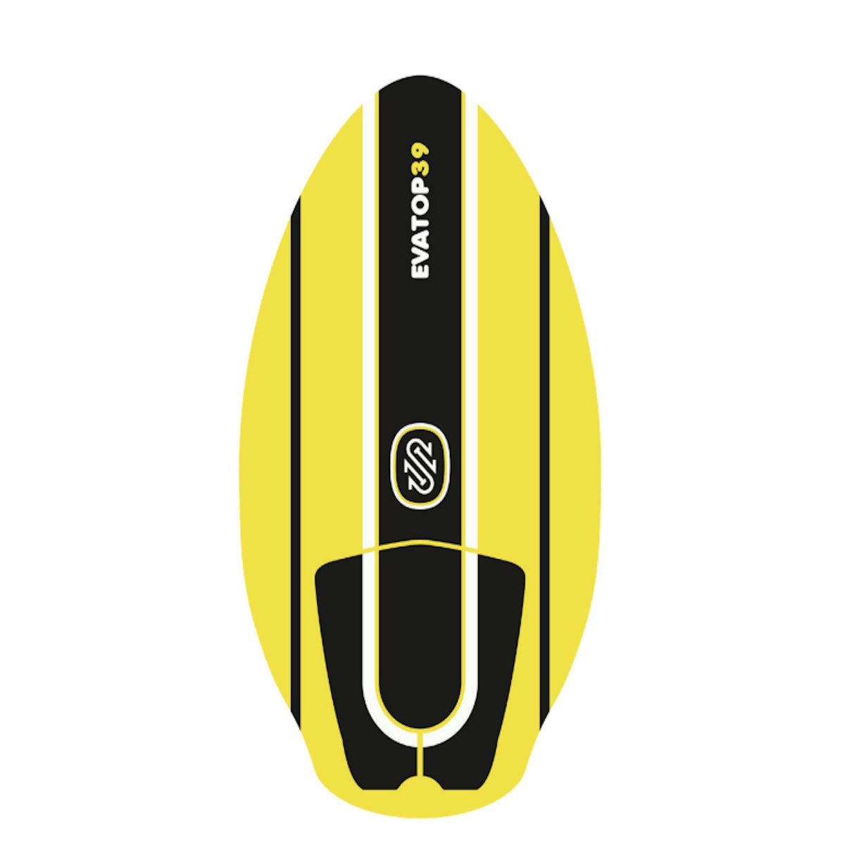 Skimboard SkimOne mit gelbem EVA-Deck und schwarzem Mittelstreifen, Draufsicht, weiche Tretfläche
