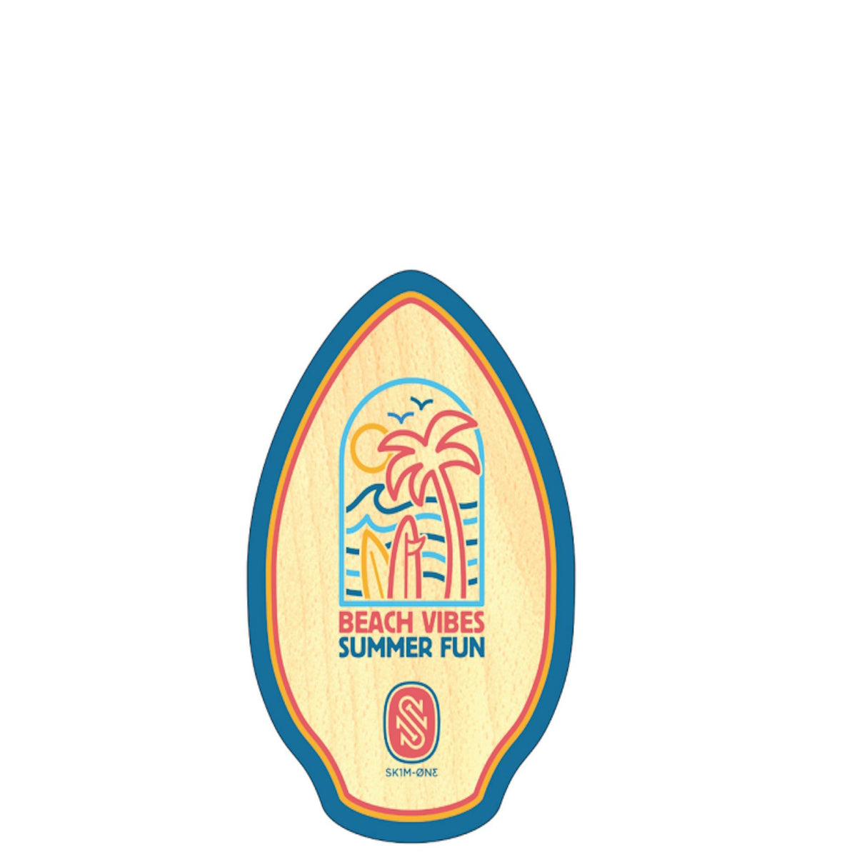 SkimOne Skimboard Holz mit Palmen-Design, blauer Kante, Beach Vibes Motiv, Draufsicht