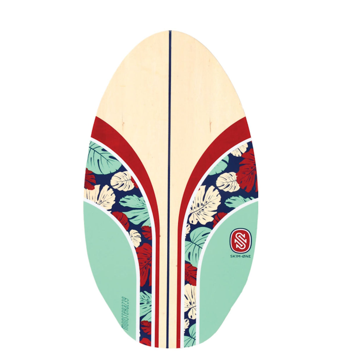 Skimboard SkimOne aus Holz in Creme, Rot und Mint mit floralem Muster, Draufsicht
