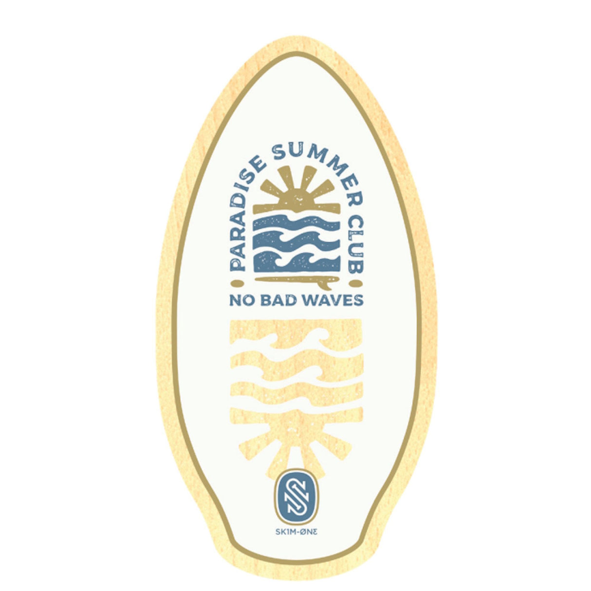 Skimboard SkimOne Holz Paradise mit Naturholzrahmen, weißer Oberfläche und blauem Paradise-Design, Draufsicht