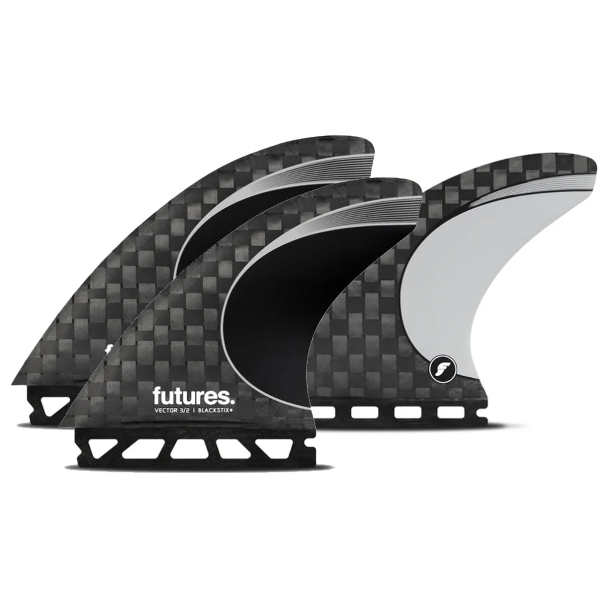 Futures Thruster Fin Set Blackstix mit Carbon-Muster, drei schwarze Flossen mit weißem Akzent, Frontansicht