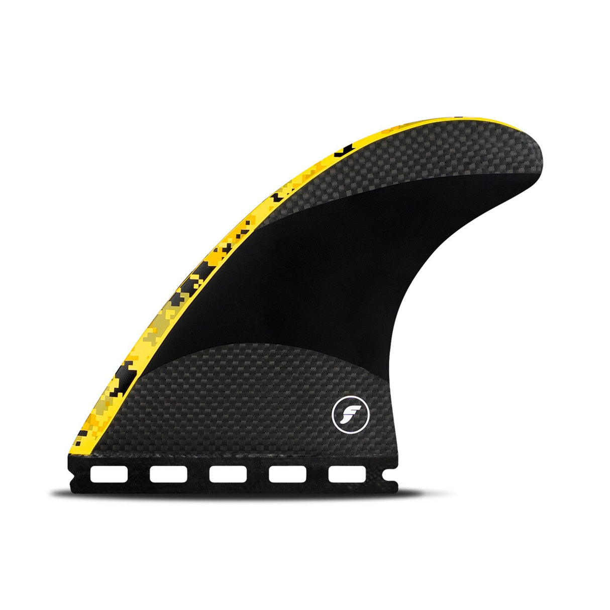 Futures Thruster Fin Set John John Techflex, schwarze Flosse mit gelbem Rand und Carbon-Details, Seitenansicht