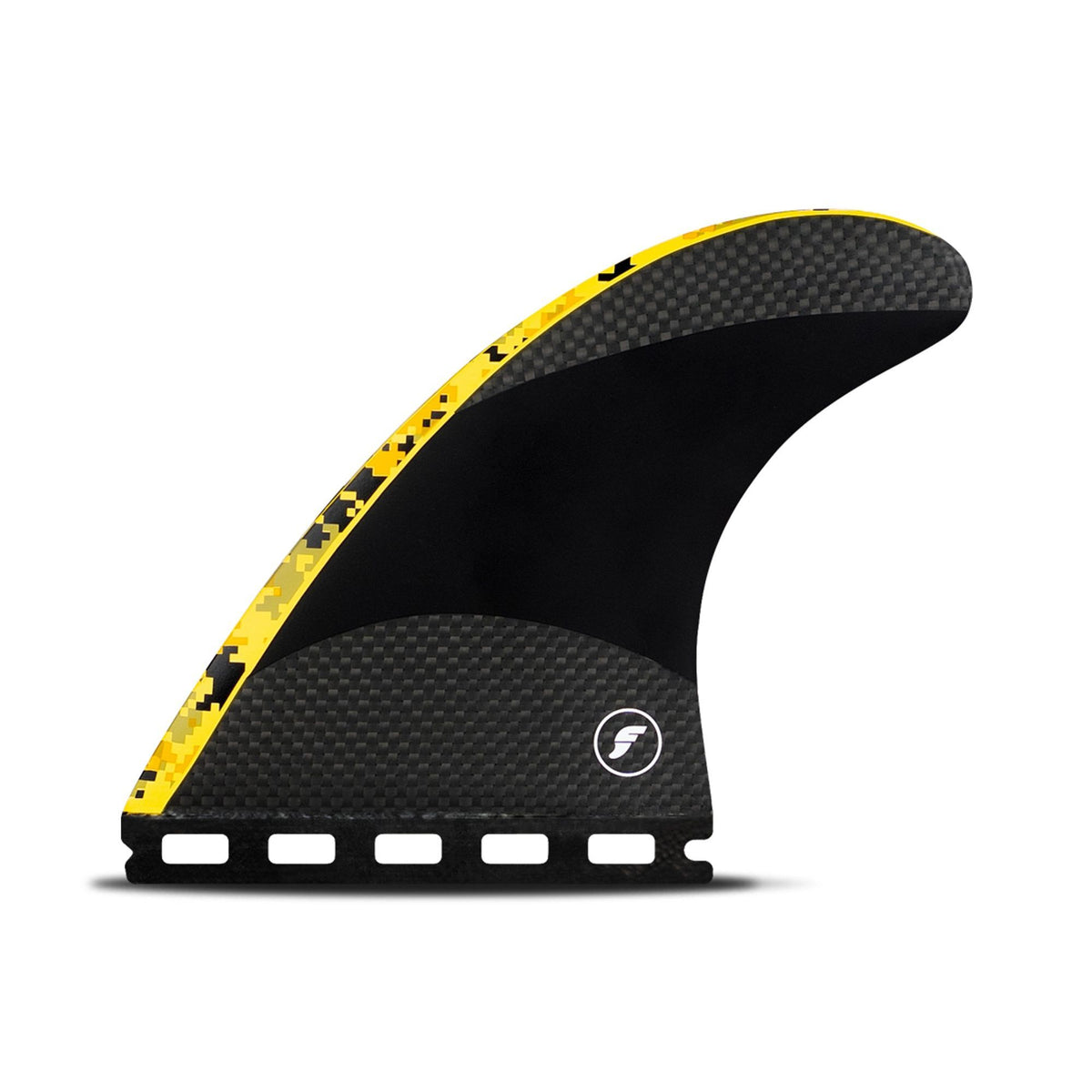 Futures Thruster Fin Set John John Techflex, schwarze Flosse mit gelbem Rand und Carbon-Details, Seitenansicht