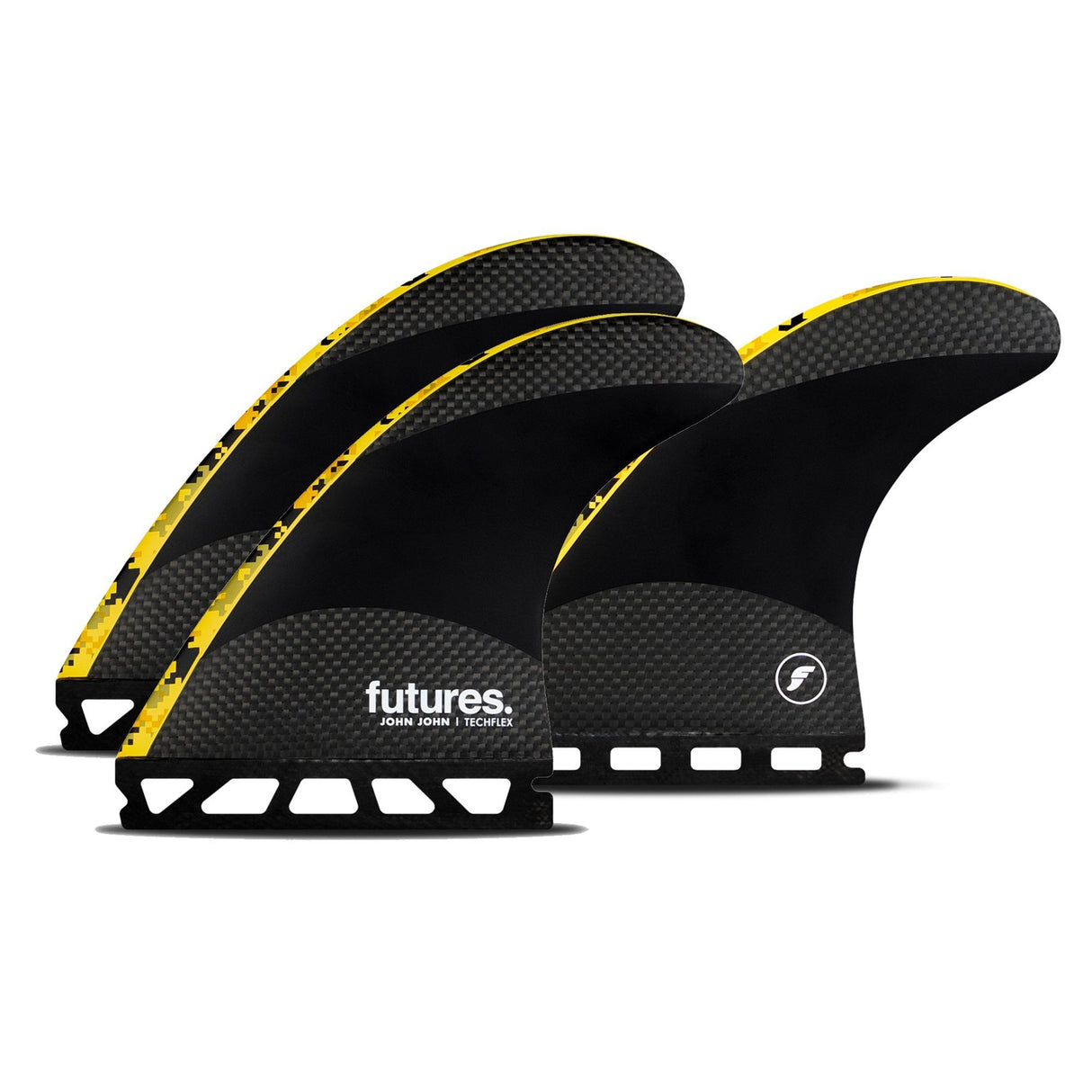 Futures Thruster Fin Set John John Techflex schwarz gelb drei Flossen Frontansicht