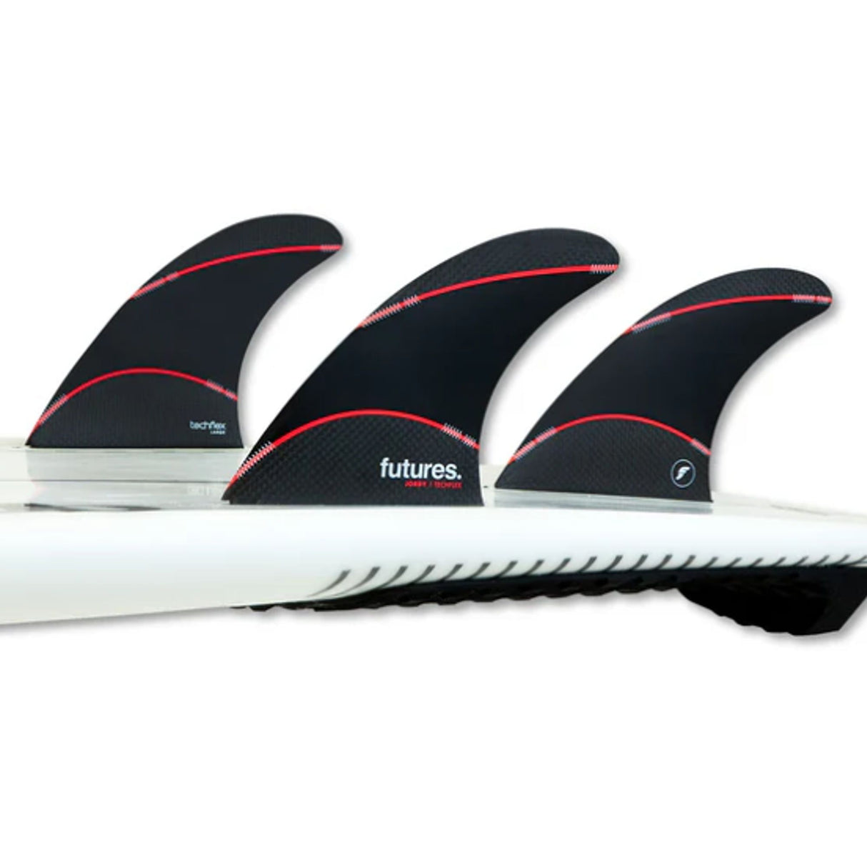 Futures Thruster Fin Set Jordy Signature Techflex, schwarze Flossen mit roten Streifen auf Surfboard
