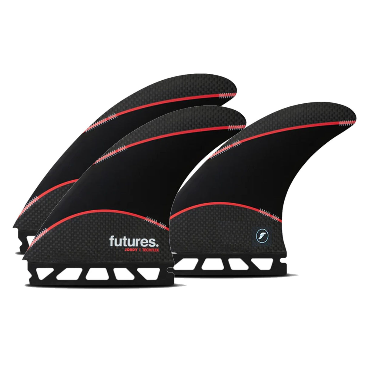 Futures Thruster Fin Set Jordy Signature Techflex, schwarz mit roten Akzenten, drei Flossen, Frontansicht