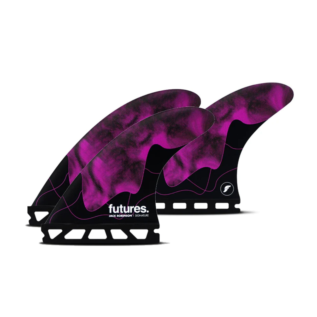 Futures Thruster Fin Set Jack Robinson Honeycomb in Magenta und Schwarz mit Wabenmuster, drei Flossen von vorne