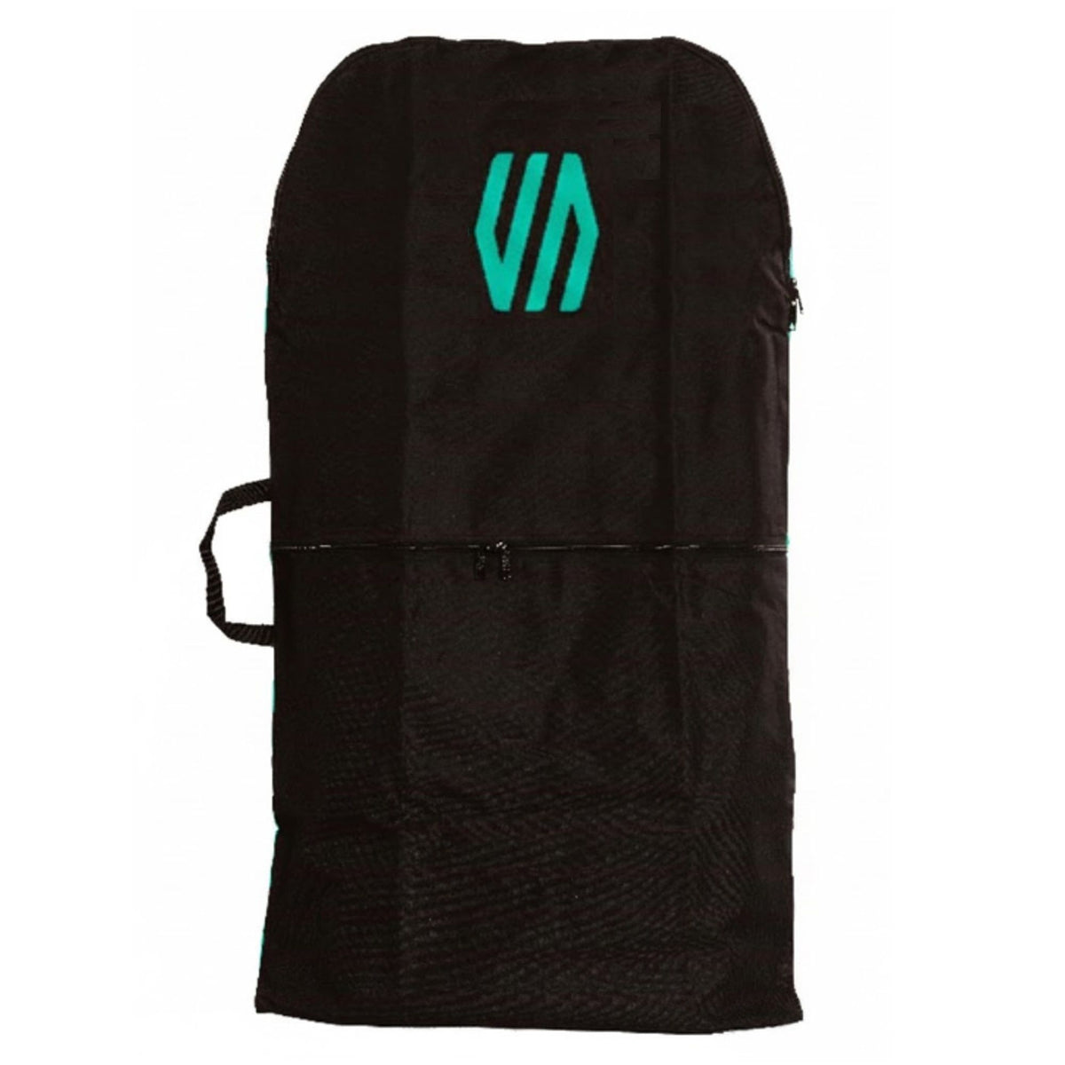 Sniper Bodyboard Rucksack Single Cover schwarz mit türkisem Logo, Frontansicht, Transporttasche mit Tragegriffen