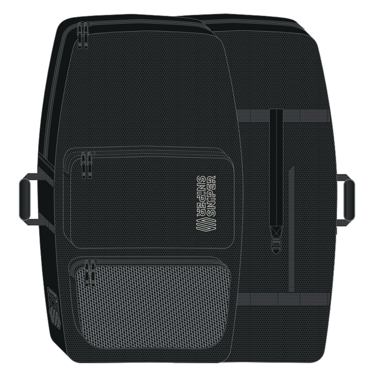 Sniper Twincover Deluxe Bodyboard-Tasche, schwarze Transporttasche mit Mesh-Fächern und Tragegriffen, Draufsicht