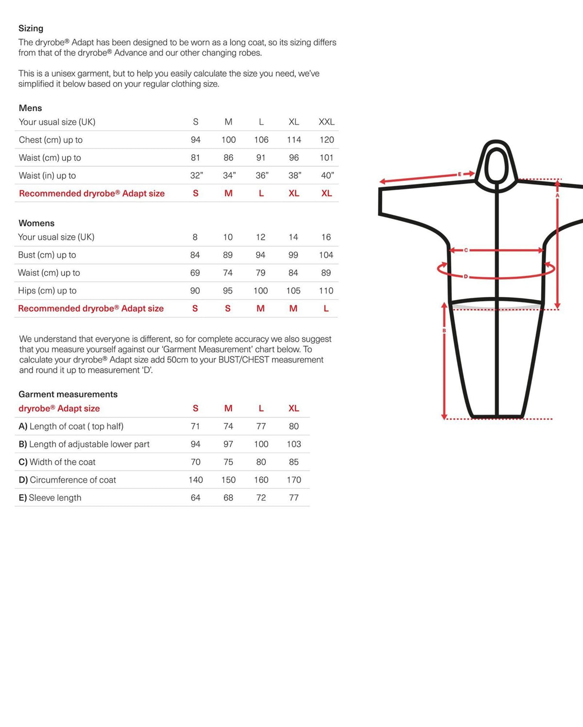 Dryrobe Adapt Mantel in Marineblau und Rot mit Größentabelle und technischer Zeichnung der Passform