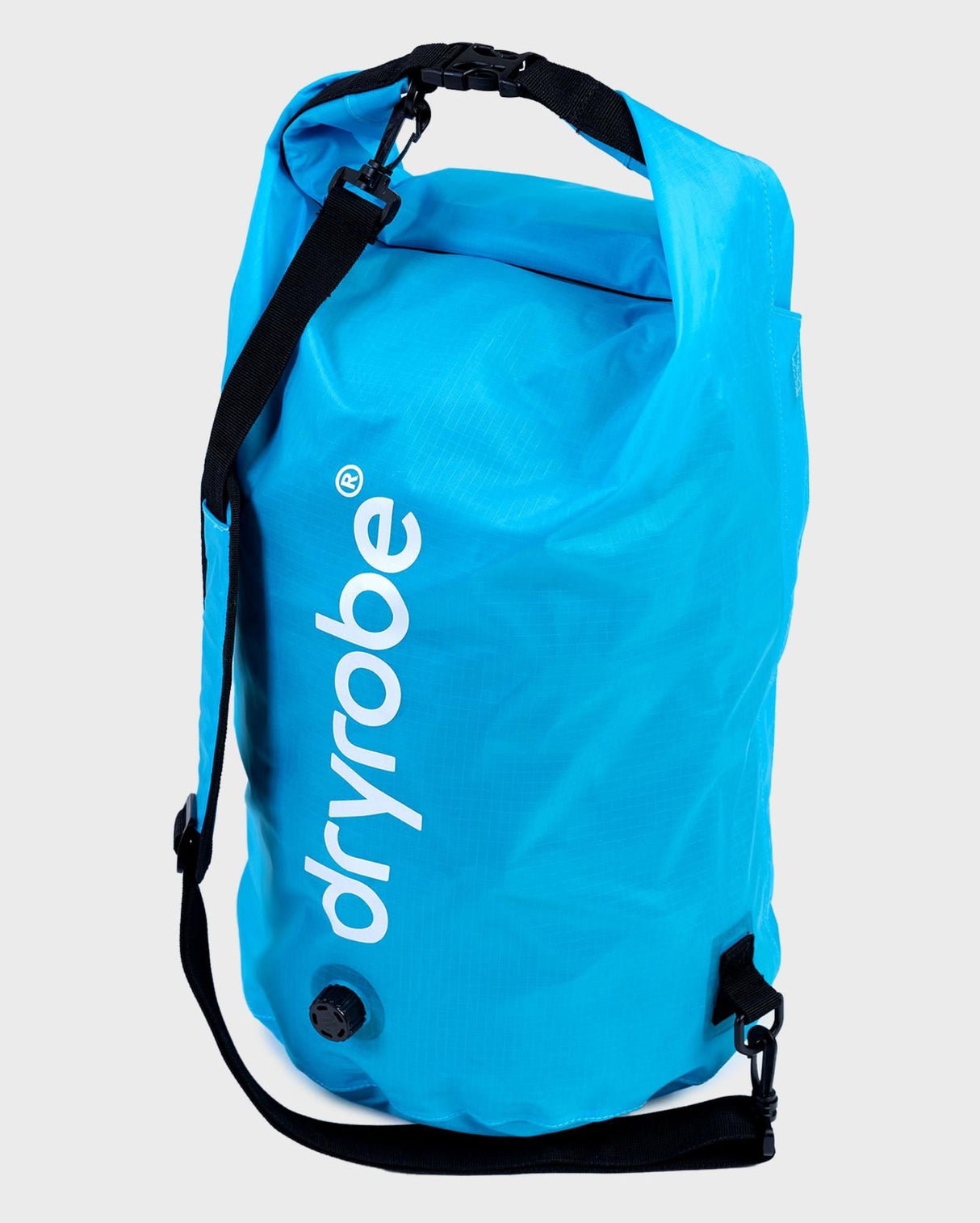 Dryrobe wasserdichter Packsack Drybag in Blau mit schwarzen Trägern und Dryrobe-Logo, Frontansicht
