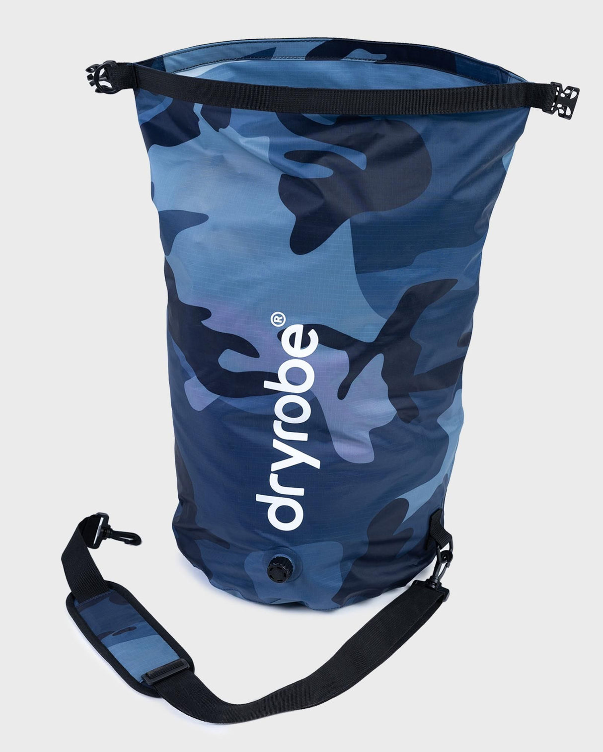 Dryrobe wasserdichter Drybag Packsack in Blau-Camouflage mit Schultergurt, Frontansicht