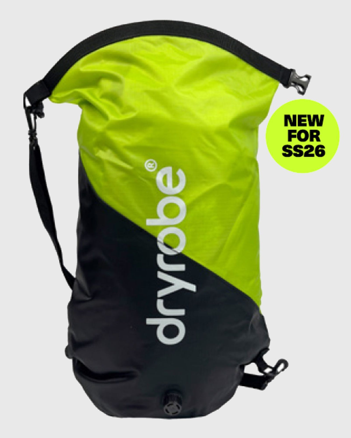 Dryrobe Drybag wasserdichter Packsack in Neongelb und Schwarz mit Schultergurten, Frontalansicht