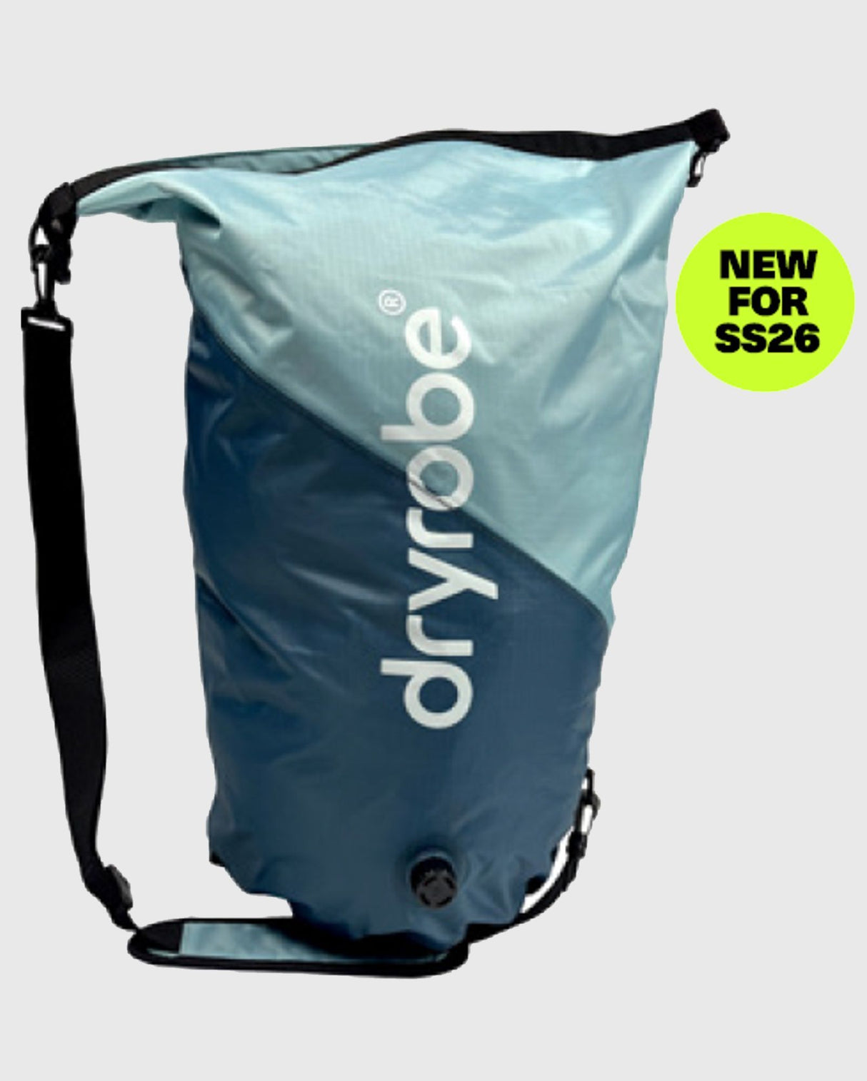 Dryrobe wasserdichter Packsack Drybag in Blau und Hellblau mit schwarzem Schultergurt, Frontansicht