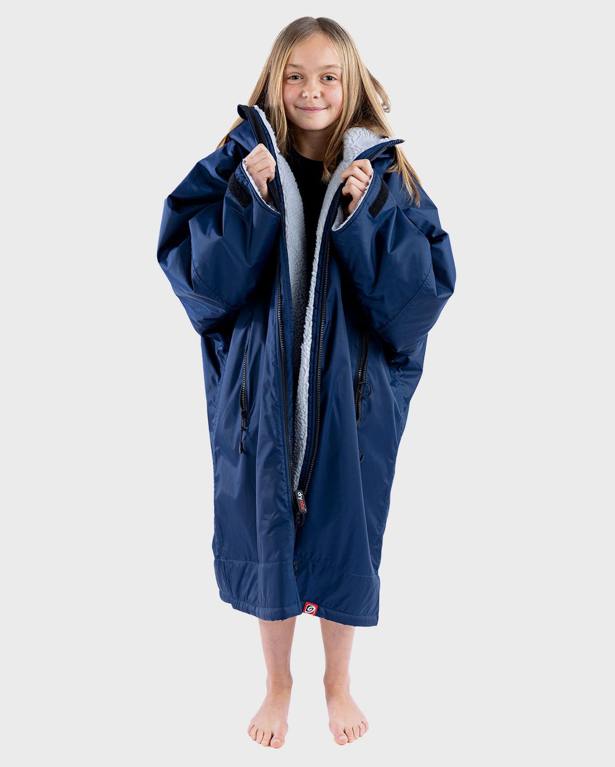 Dryrobe Advance Langarm Kinder, Marineblau, Wechselrobe aus Nylon mit Kapuze, Frontansicht