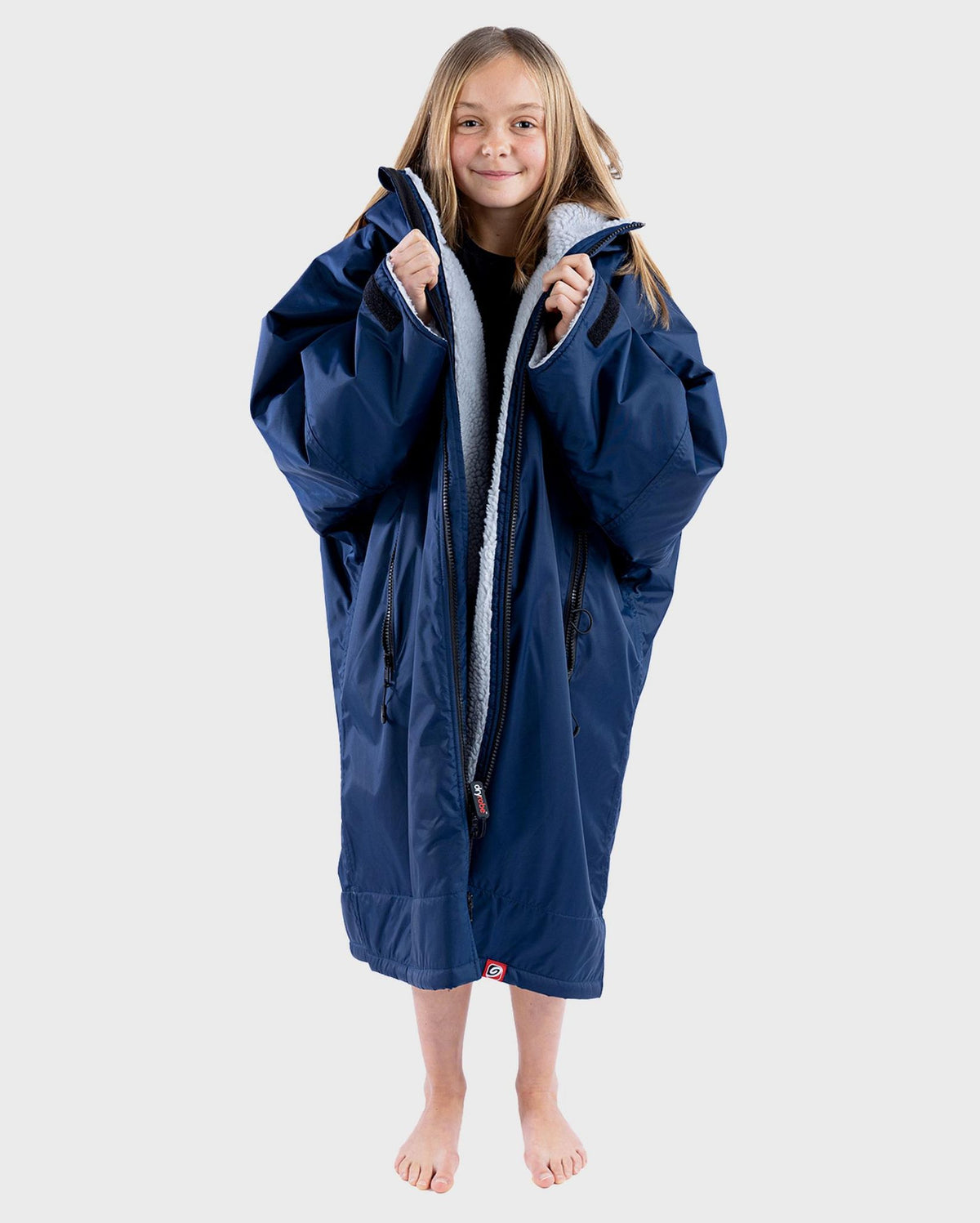 Dryrobe Advance Langarm Kinder, Marineblau, Wechselrobe aus Nylon mit Kapuze, Frontansicht