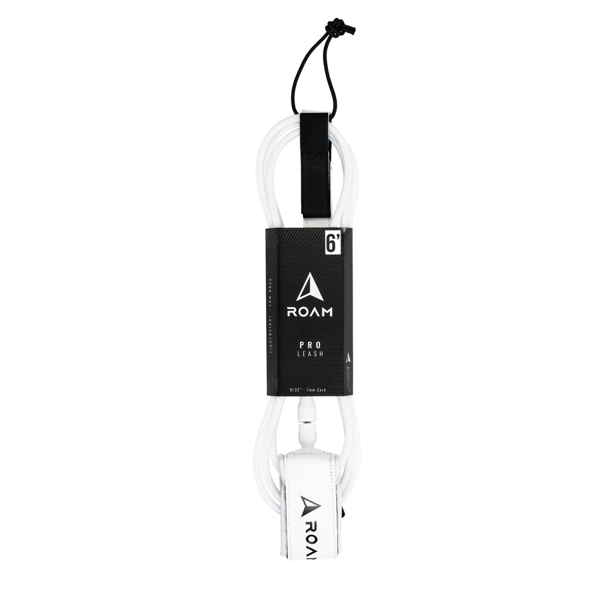 ROAM Surfboard Leash PRO weiß-schwarz mit Neopren-Manschette und Befestigungsschlaufe, Frontansicht