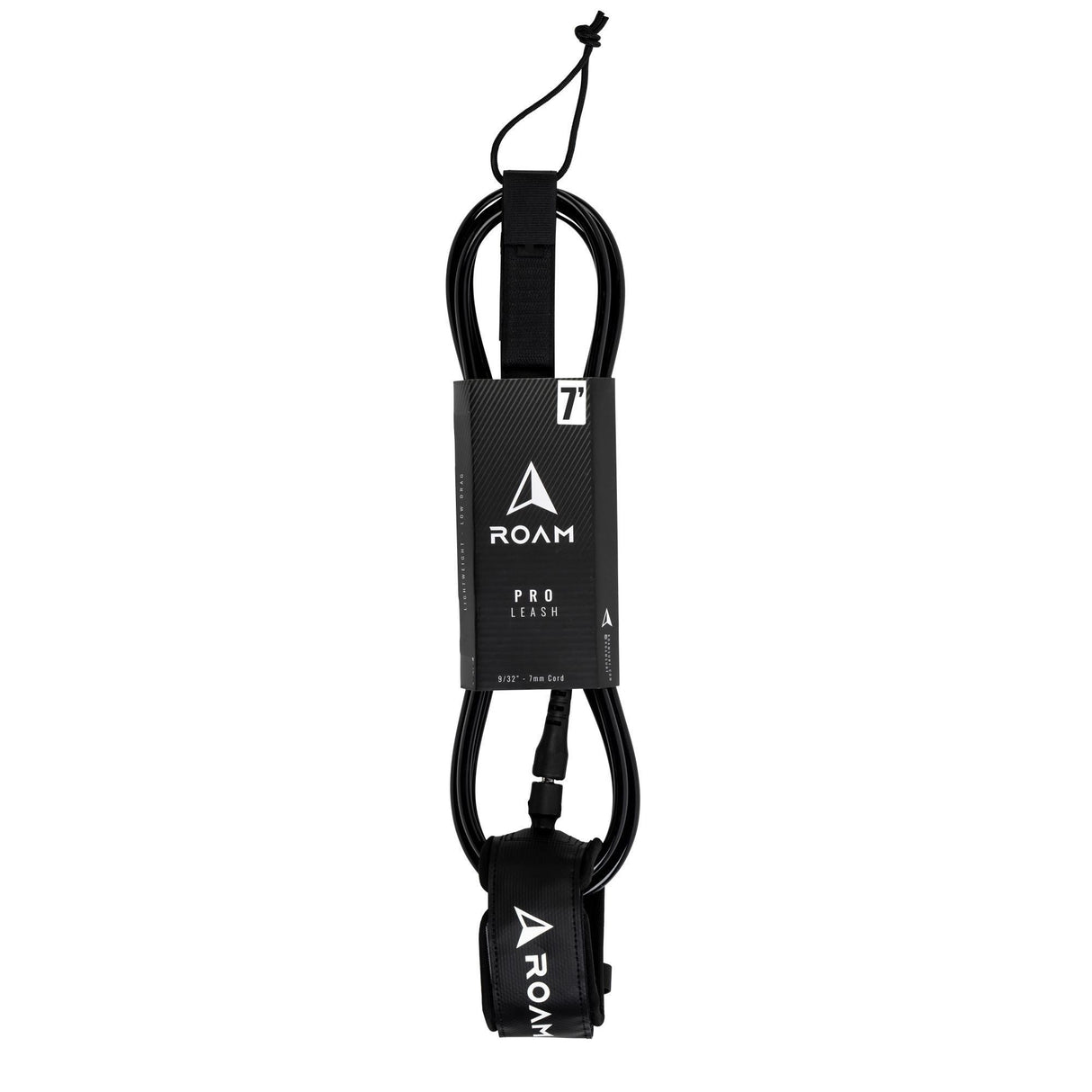 ROAM Surfboard Leash PRO in Schwarz, Neopren mit Klettverschluss, aufgerollt, Frontansicht