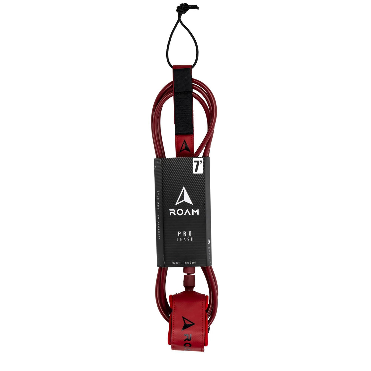 ROAM Surfboard Leash PRO, Rot und Schwarz, Neopren-Manschette, Frontalansicht des kompletten Leash mit Befestigungspunkte
