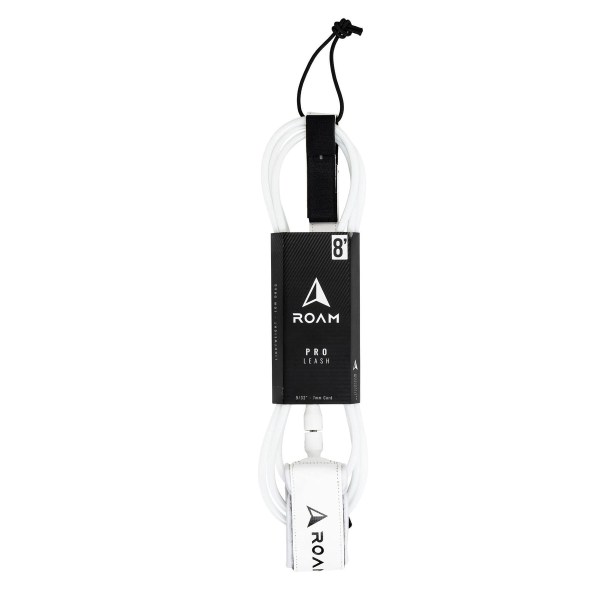 ROAM Surfboard Leash PRO weiß schwarz, 8 Fuß, Polyurethan-Kern mit schwarzem Neopren-Cuff, Frontalansicht