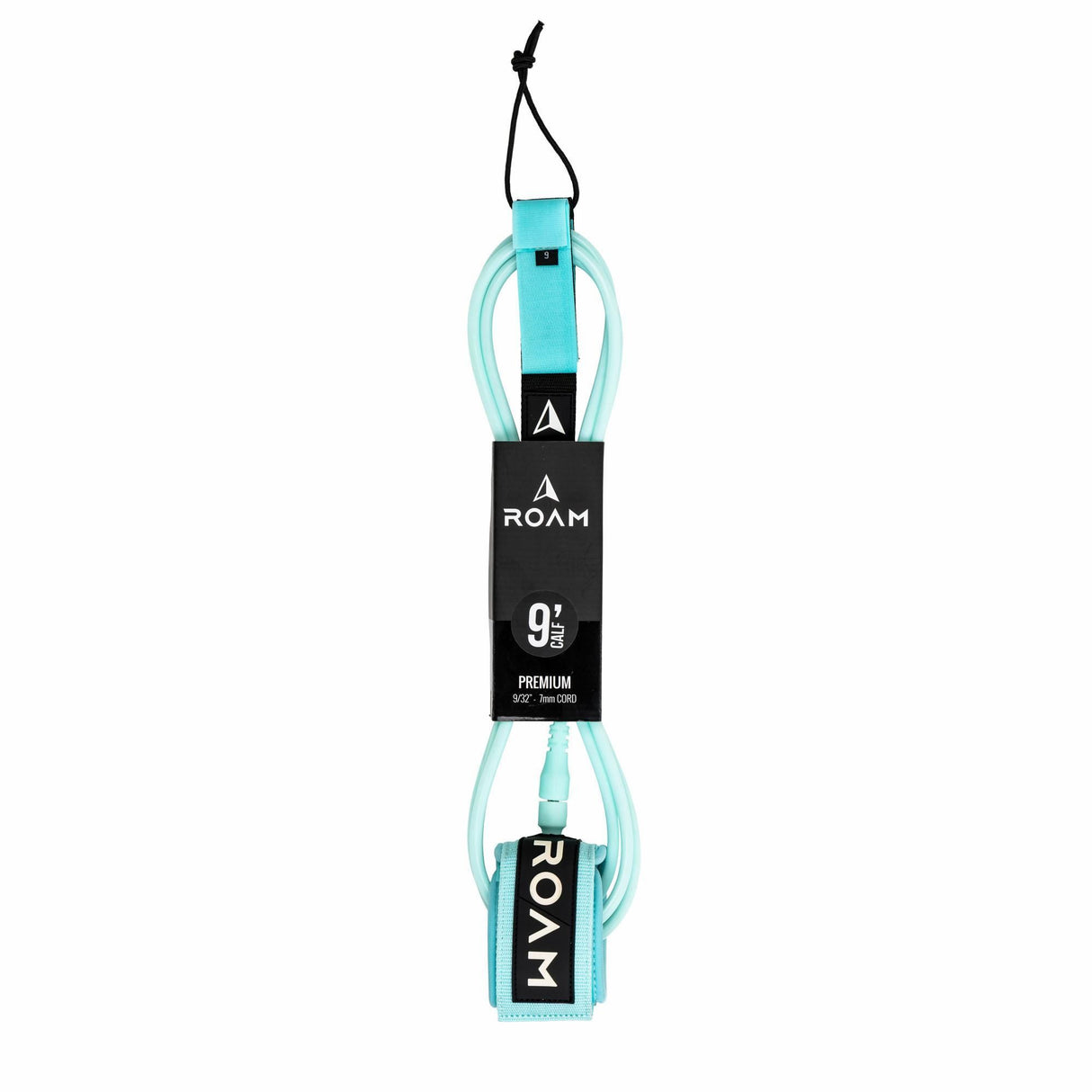 Roam Surfboard Leash Premium Knie in Türkis mit schwarzen Manschetten, 9 Fuß, Frontalansicht des aufgerollten Leash mit Befestigungspunkten