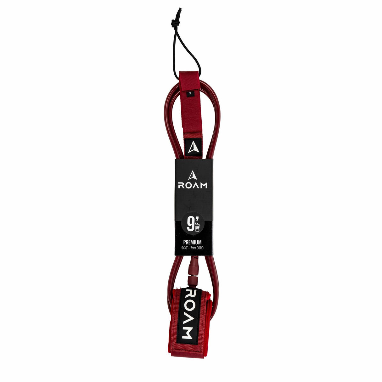 Roam Surfboard Leash Premium Knie in Bordeaux und Schwarz mit Neopren-Manschette, Frontalansicht des Komplettsets