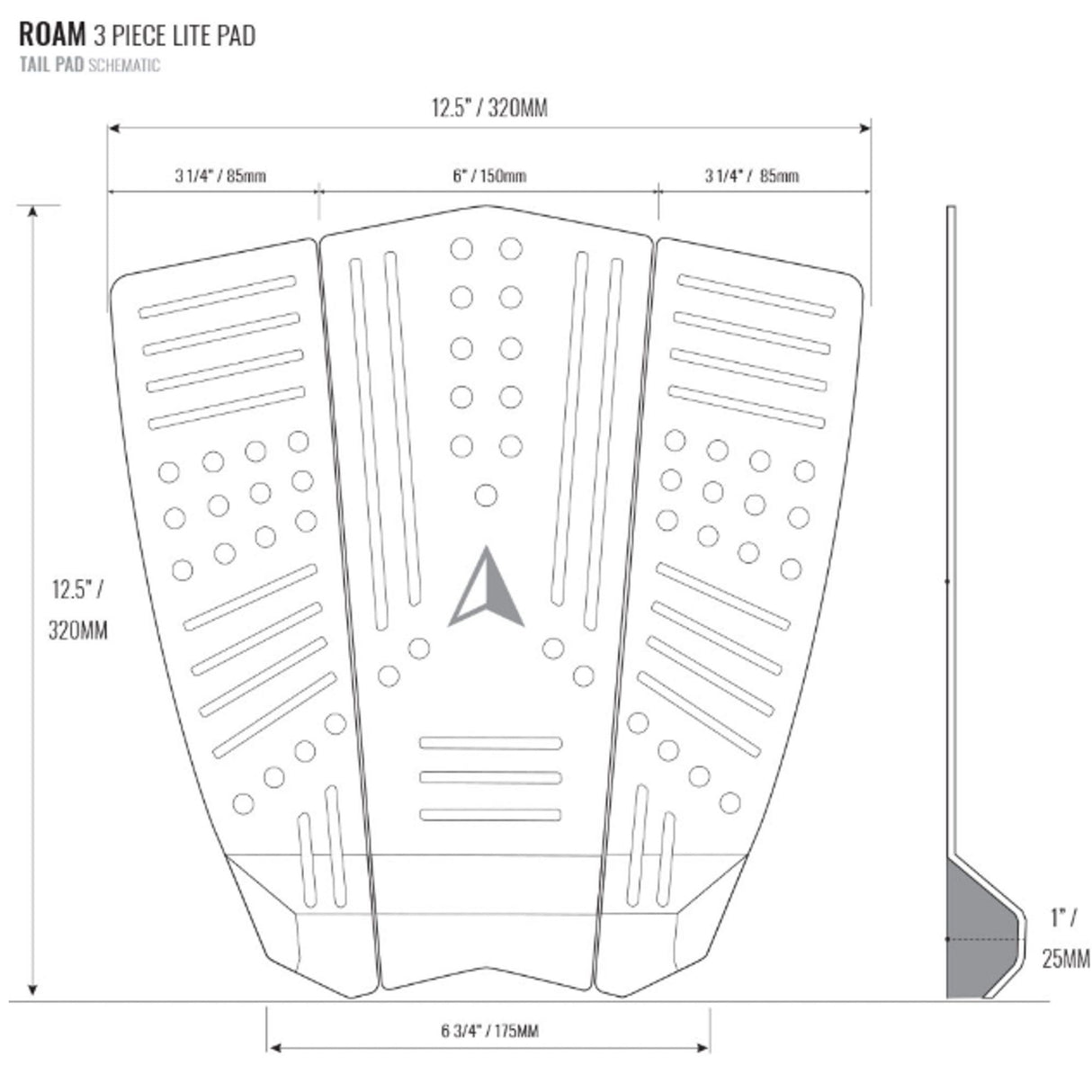 Roam Footpad Deck Lite Traction Pad 3-tlg in Weiß, dreiteiliges Griffbelag-Set mit Noppen und Rillen, technische Ansicht von oben mit Maßangaben