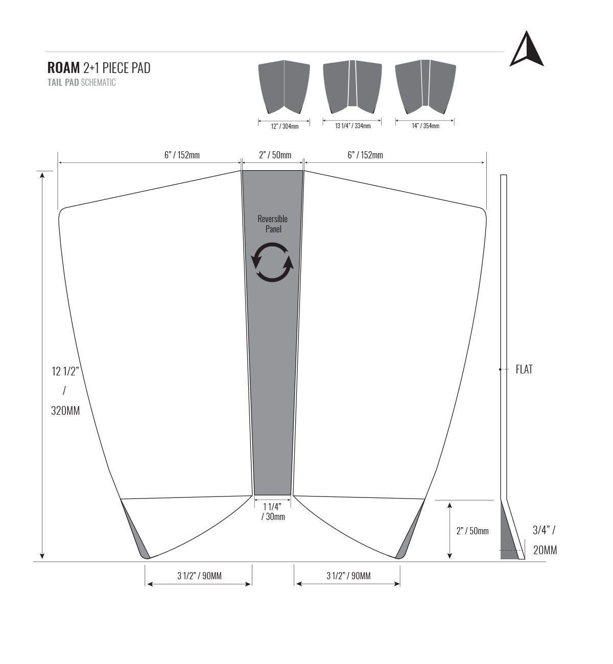 Roam 2+1 Footpad Deck Grip Traction Pad grau mit Maßangaben und Größenvergleich, Draufsicht