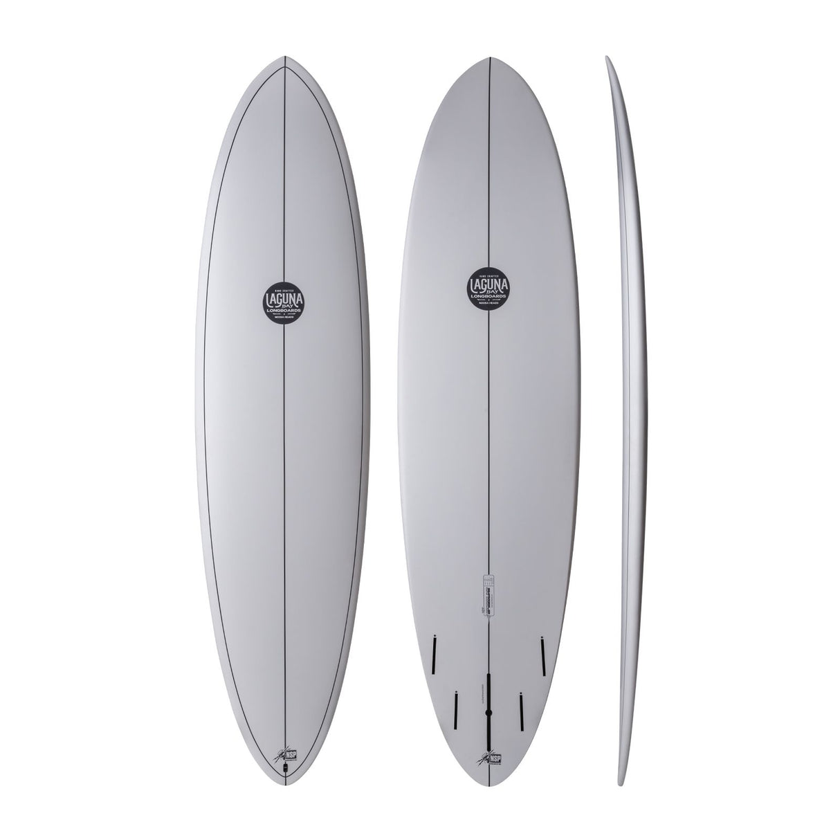 NSP 2026 Speed Line Surfboard weiß, drei Ansichten, Draufsicht und Seitenprofil