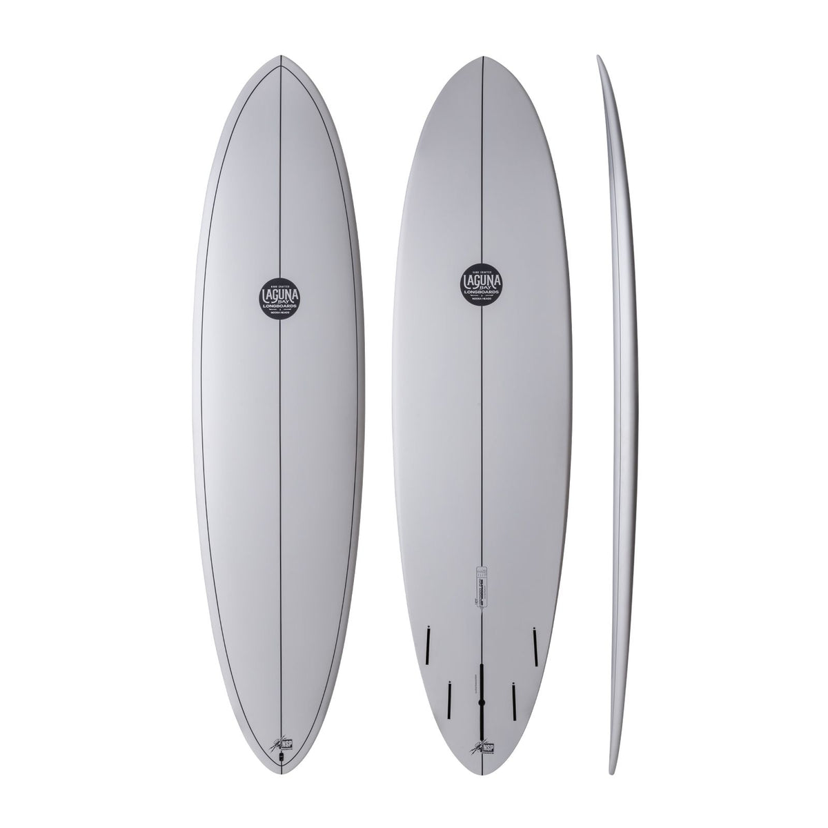 NSP 2026 Speed Line Surfboard weiß, drei Ansichten, Draufsicht und Seitenprofil