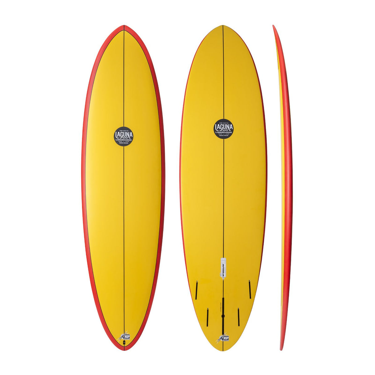 NSP 2026 Speed Line Surfboard gelb mit roter Kante, Draufsicht und Seitenansicht